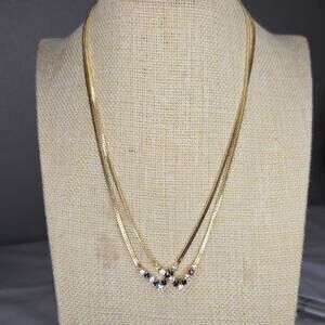 Vintage Gold Tone Flat Chain Necklaces - Faux Sapphire & Ruby Set